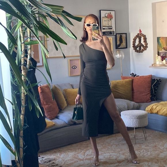 Zara Draped Asymmetrical Olive Green Dress - Picture 8 of 14